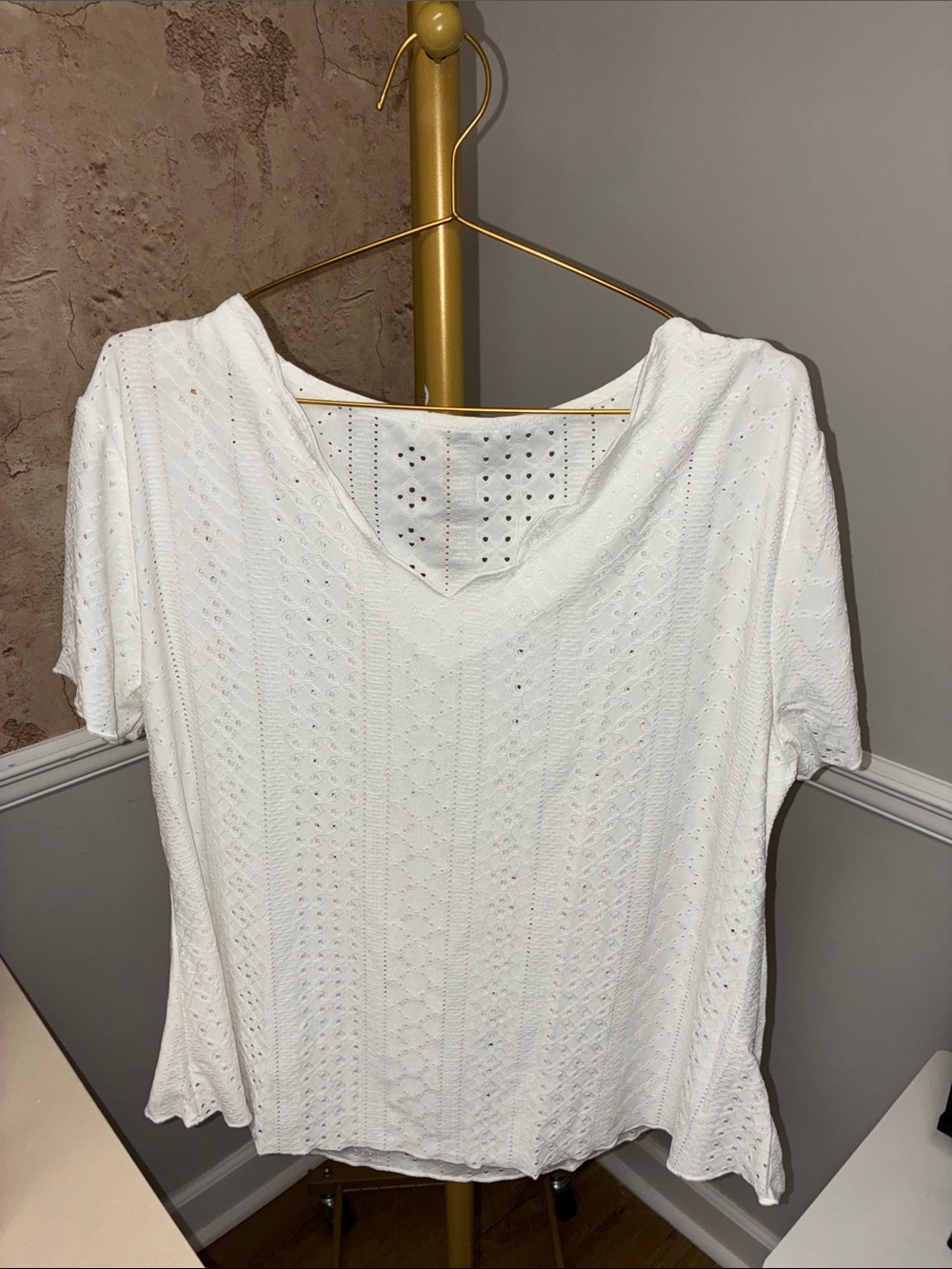 Women's White Eyelet Knit Short-Sleeve Top